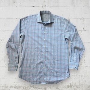 Twillory Button Up Shirt Mens 17 36/37 Blue Pink Check Plaid Performance